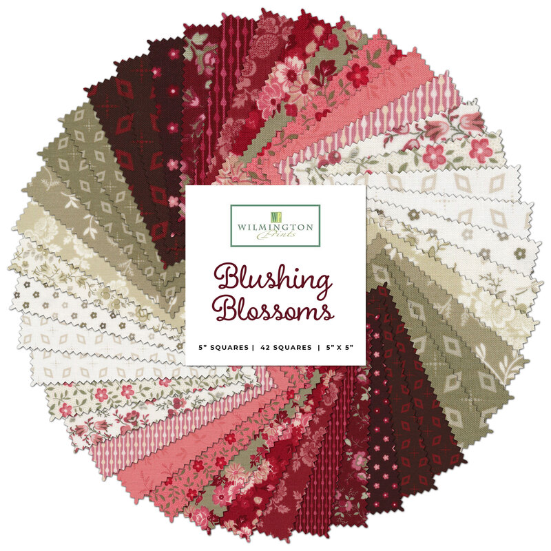 collage of all fabrics in Blushing Blooms charm pack in shades of red, pink, tan and cream 