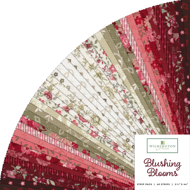 collage of all fabrics included in Blushing Blooms jelly roll