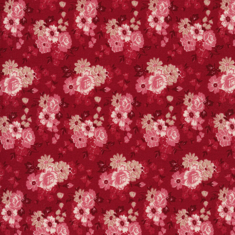 This fabric features tonal pink flower clusters on a dark red background.