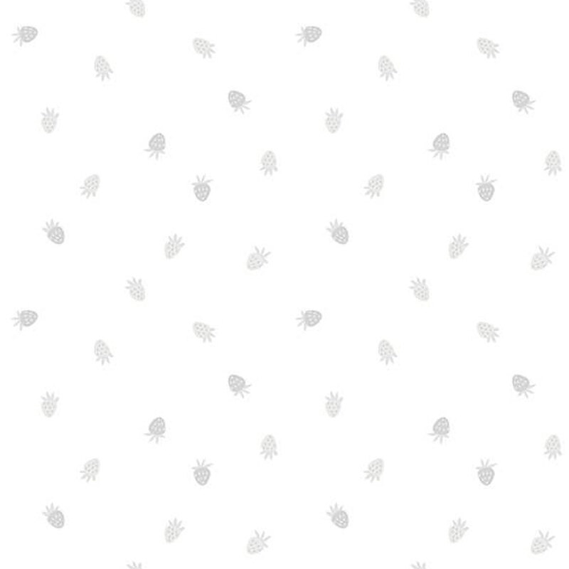 Digital image of white tonal fabric featuring small tossed strawberries