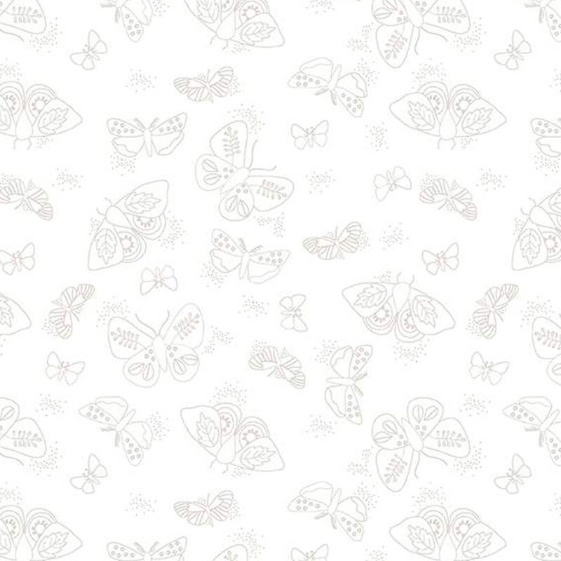 Digital image of white tonal fabric featuring moths of various sizes and patterns