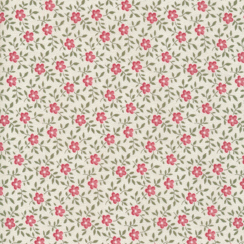 This fabric features pink flowers tossed with light green vines on a solid cream background.