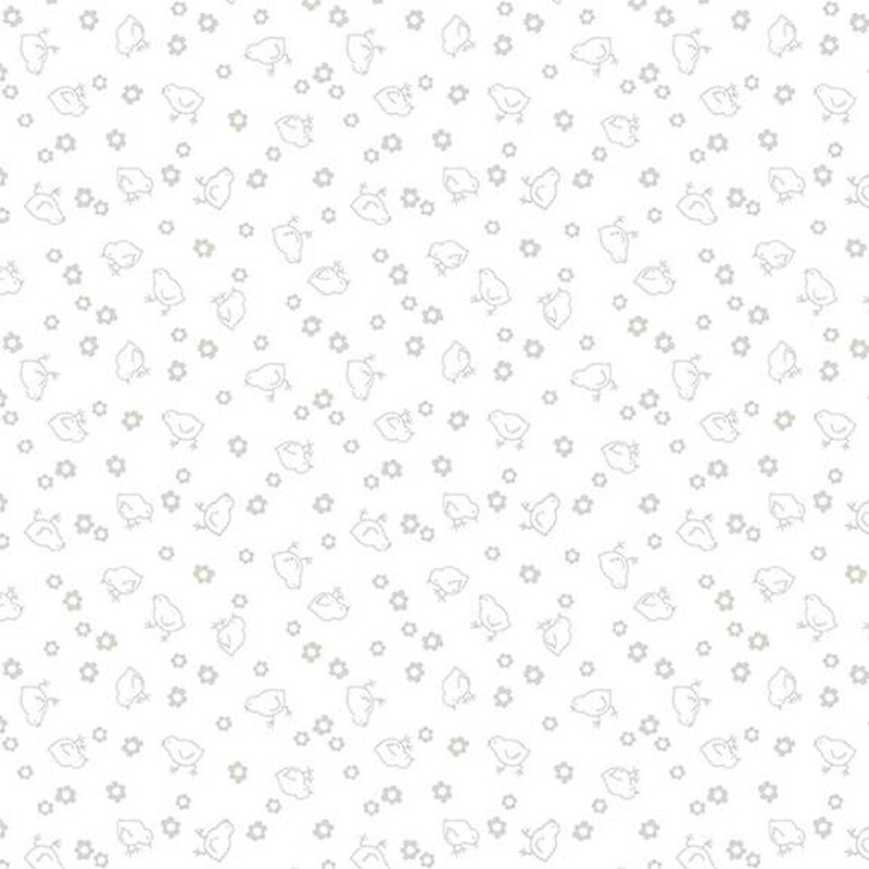 Digital image of white tonal fabric featuring tossed chicks and small flowers