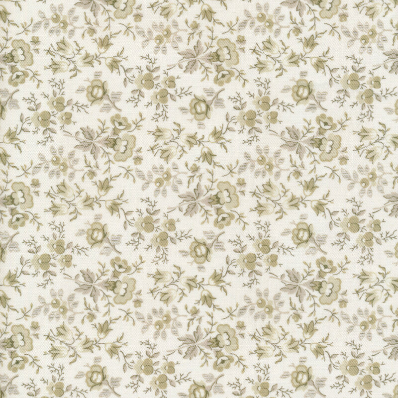 This fabric features delicate florals and vines in cream on a solid cream background.