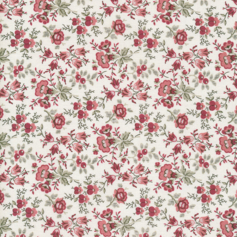 This fabric features delicate florals and vines in rosy pink flowers and green leaves on a solid cream background.