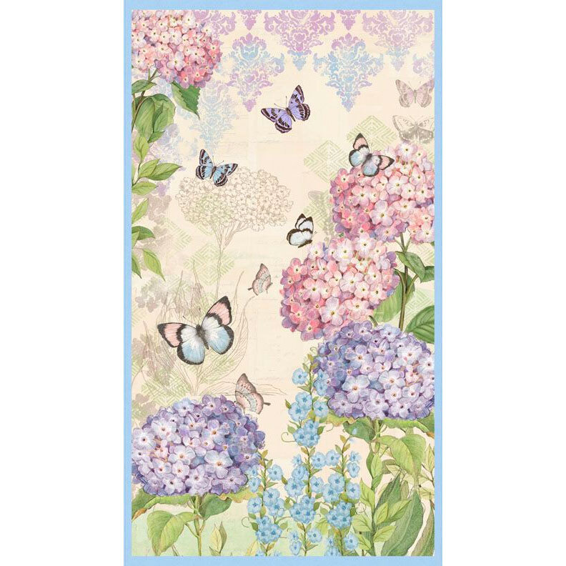 A light cream fabric panel with purple and pink hydrangeas and small butterflies bordered by a small blue strip