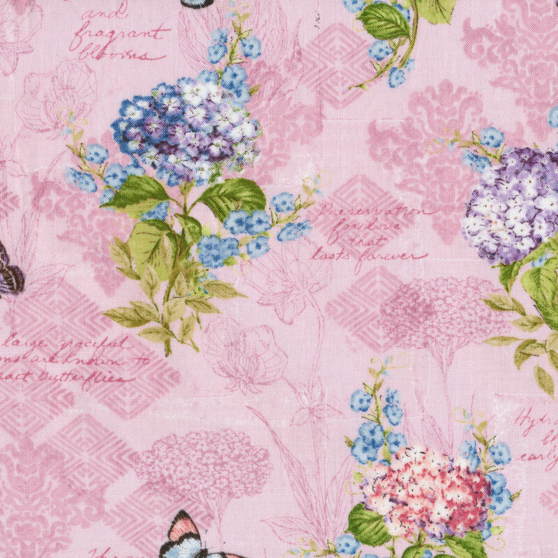Pink fabric with beautiful blue, purple, and pink floral bunches and fluttering butterflies.