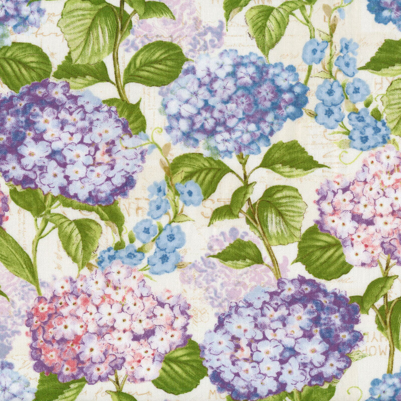 Light cream fabric with large pink, purple, and blue hydrangeas all over.