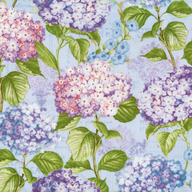 Light blue fabric with large pink, purple, and blue hydrangeas all over.