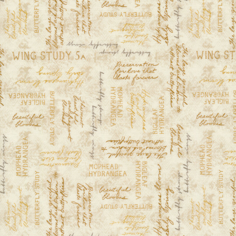 Light cream fabric featuring various floral phrases in various fonts against a light cream background.