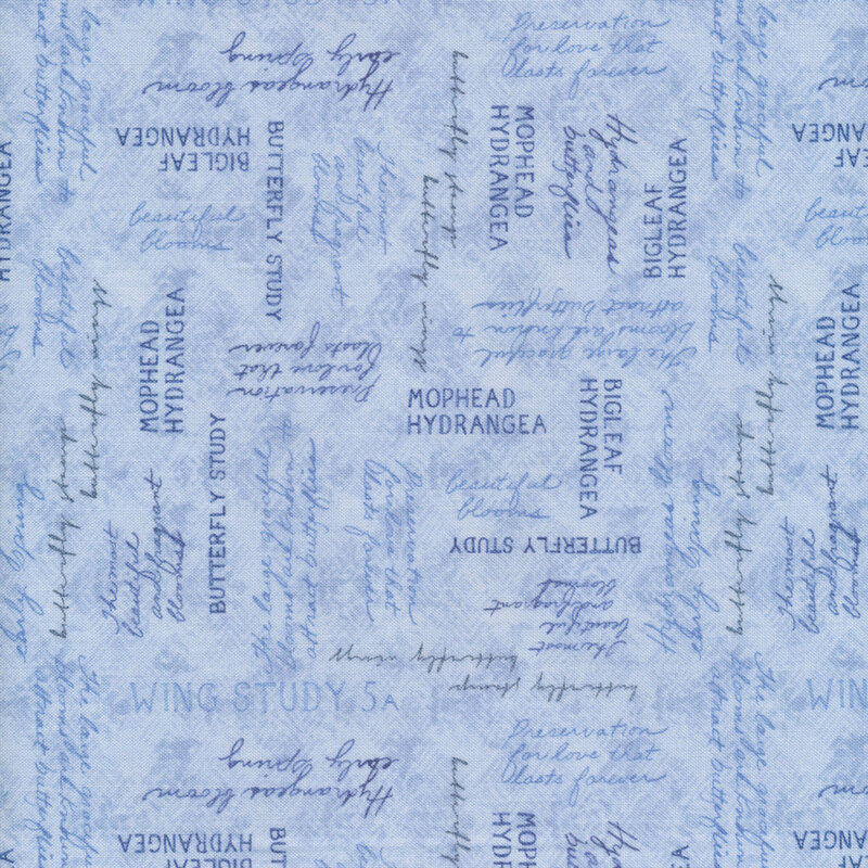 Tonal light blue fabric featuring various floral phrases in various fonts against a light cream background.