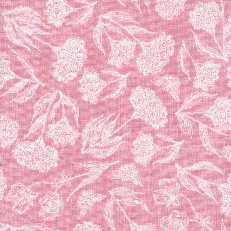 Tonal light pink fabric with a toile design featuring tossed flowers and leaves.
