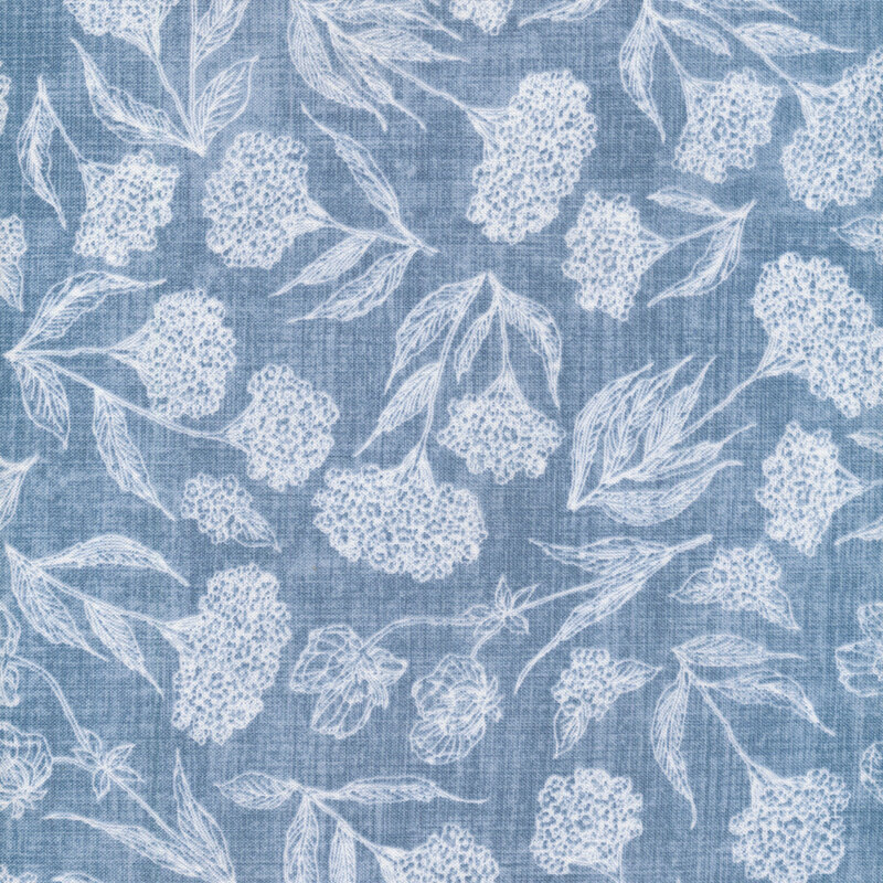 Tonal blue fabric with a toile design featuring tossed flowers and leaves.