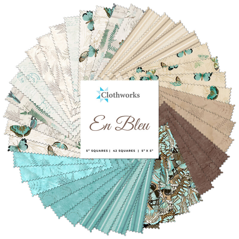 collage of all fabrics included in En Bleu charm pack