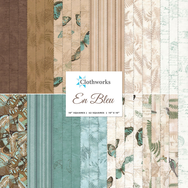 collage of all fabrics included in En Bleu layer cake