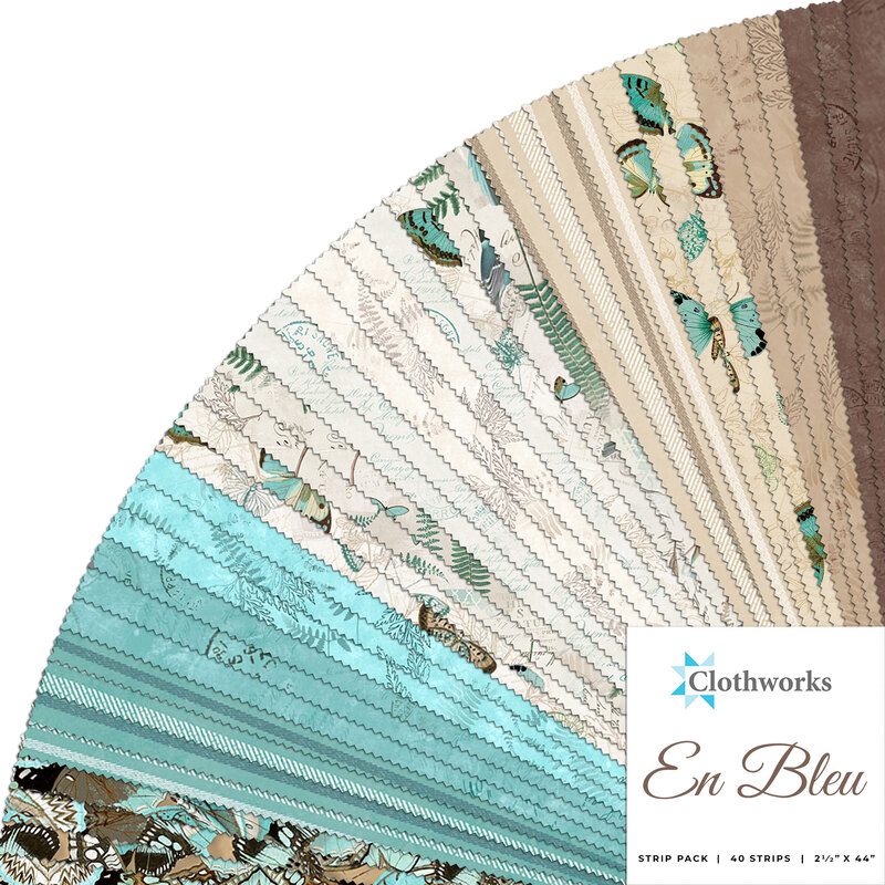collage of all fabrics included in En Bleu jelly roll