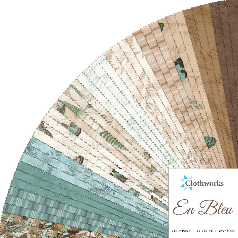 collage of all fabrics included in En Bleu jelly roll