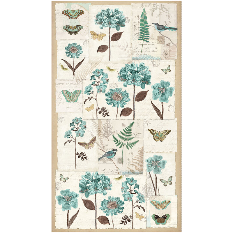 This fabric features a large panel of bluebirds, butterflies, flowers and drawings of leaves on antique aged paper. Panel measures approximately 24
