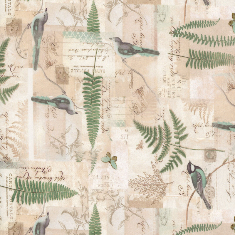 This fabric features blue birds on a cream background with leaves and cursive words on antique paper.