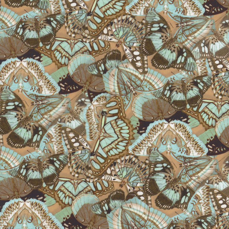 This fabric features a packed pattern on blue, black and white butterflies on a tan background.