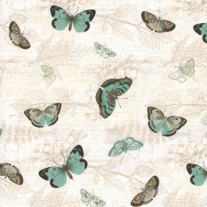 This fabric features aqua blue butterflies on a cream background with drawings of butterflies, cursive writing and leaves.