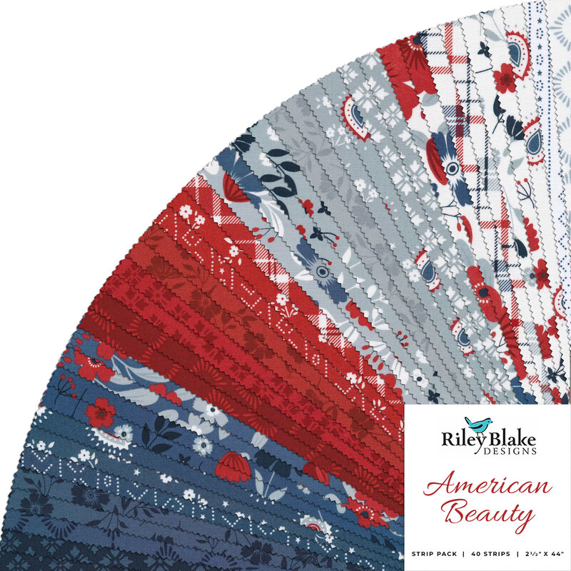 Composite image of all the fabrics in the American Beauty Rolie Polie, from whites to light blues to reds to dark blues