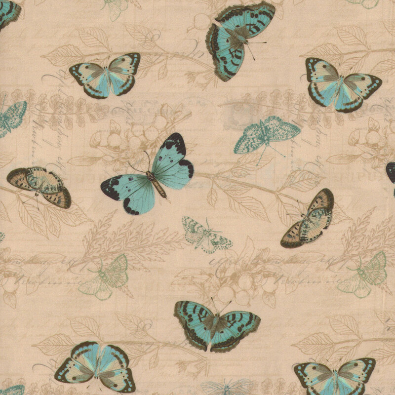 This fabric features aqua blue butterflies on a tan background with drawings of butterflies, cursive writing and leaves.