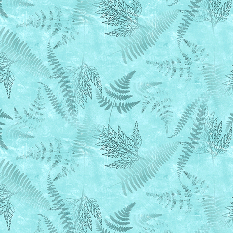 This fabric features the outline of fern leaves on a mottled aqua blue background.