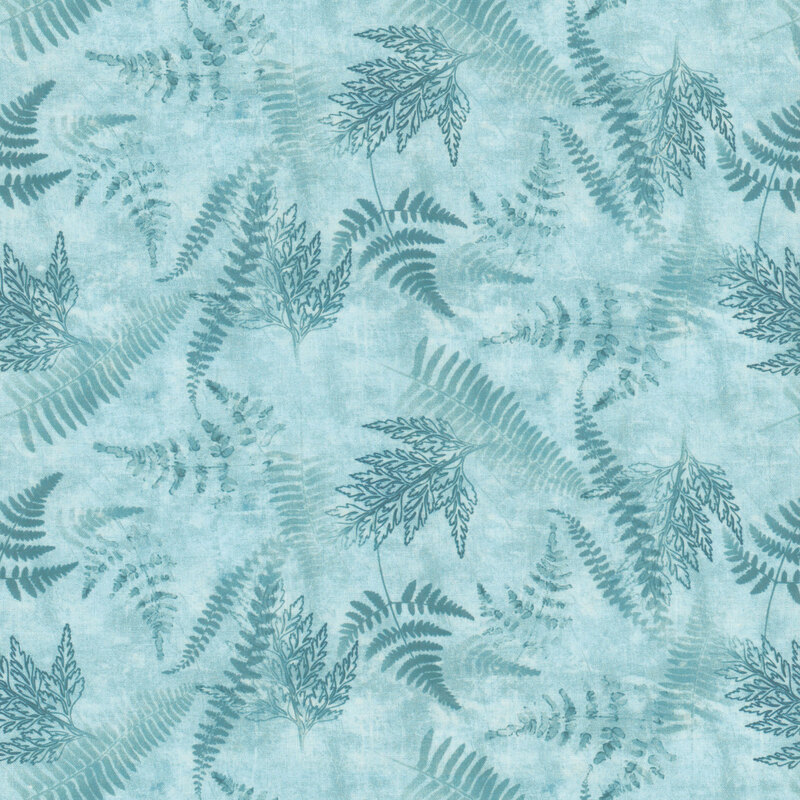 This fabric features the outline of fern leaves on a mottled aqua blue background.