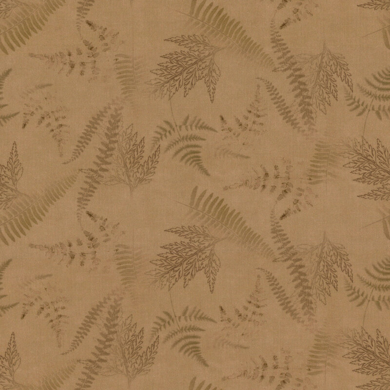 This fabric features the outline of fern leaves on a brown background.
