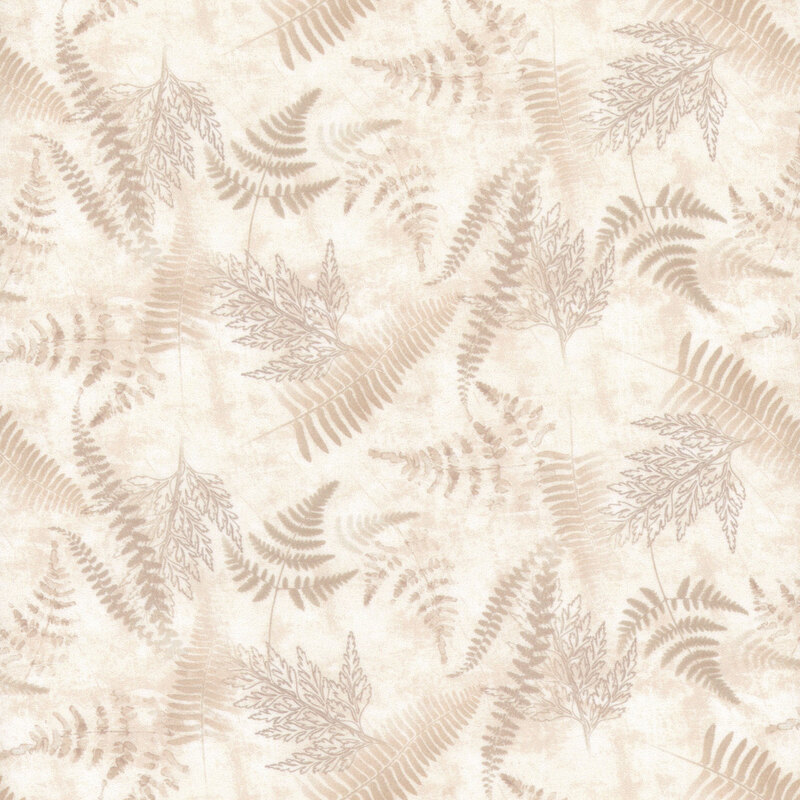 This fabric features the outline of fern leaves in light brown on a mottled cream background.