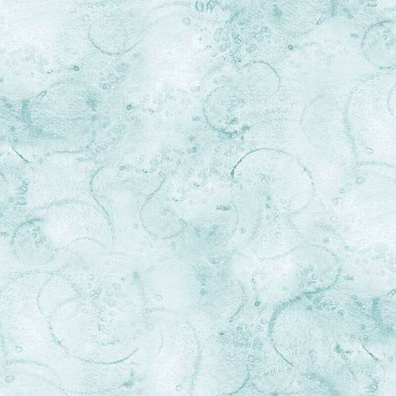 Digital image of pastel teal mottled fabric with swirls and partial tonal circles all over for a textured effect