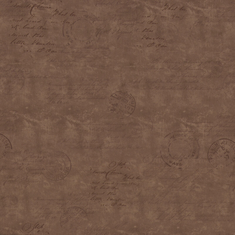 This fabric features dark brown writing in cursive with stamp seals on a lighter brown mottled background.