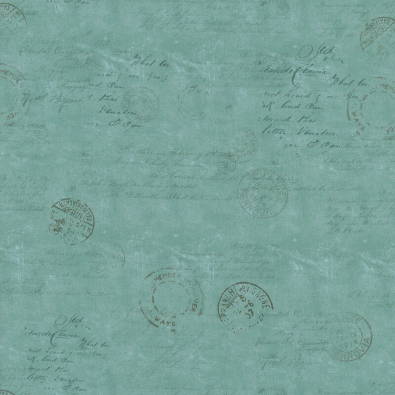 This fabric features turquoise writing in cursive with stamp seals on a lighter aqua teal mottled background.