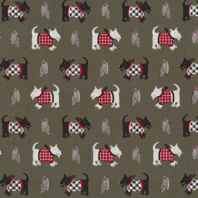 Olive gray fabric with alternating white and black Scotties wearing plaid vests