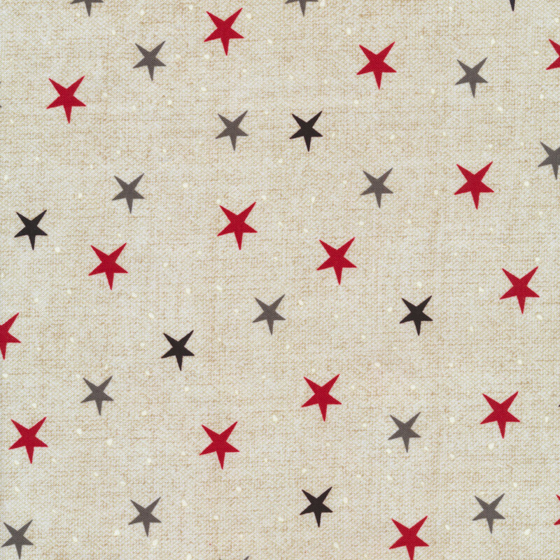 Beige fabric with scattered stars in black, gray, and red
