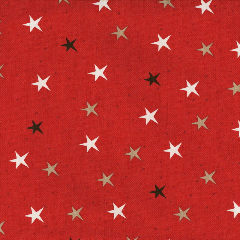 red fabric with scattered stars in black, gray, and white