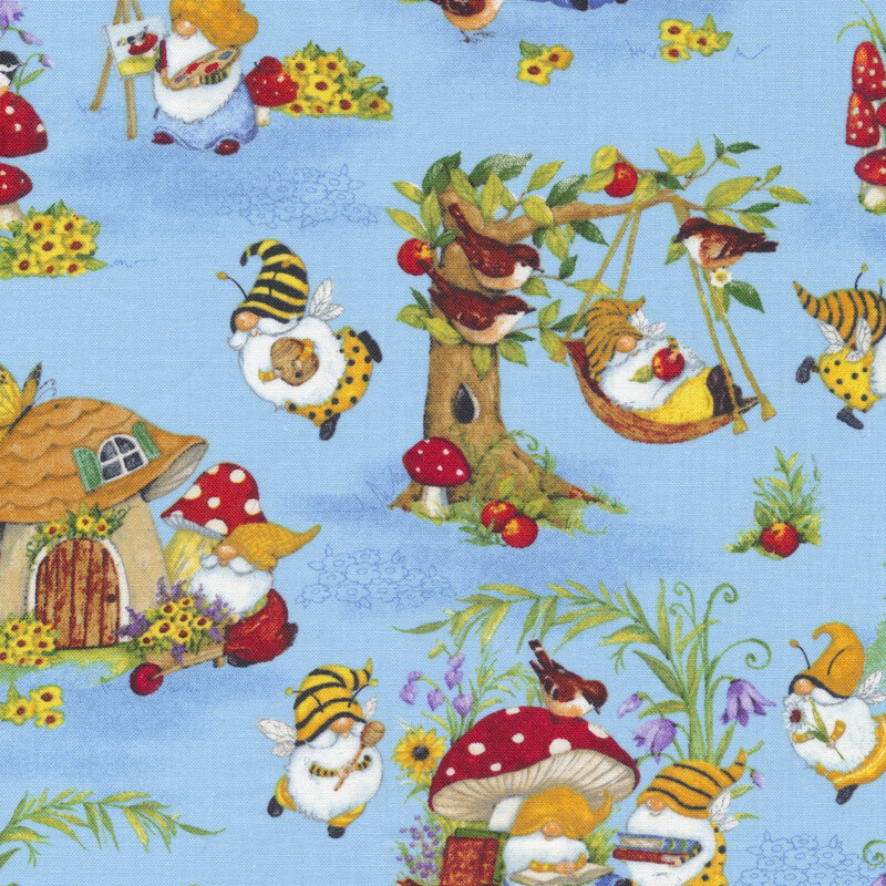 This fabric features relaxing gnomes and gnomes dressed as bees with mushrooms, flowers and birds on a blue background.