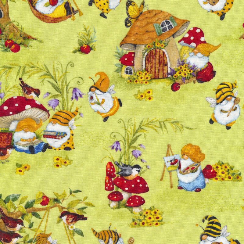 This fabric features relaxing gnomes and gnomes dressed as bees with mushrooms, flowers and birds on a vibrant green background.