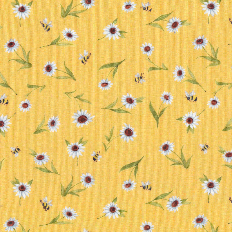  This fabric features tossed daisies with ditsy bees on a golden yellow background.