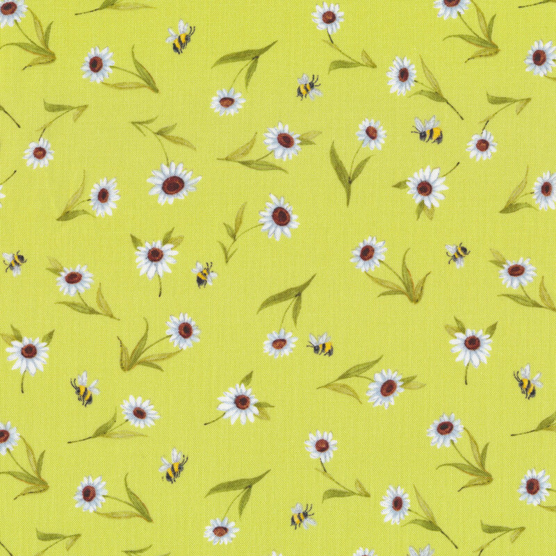 This fabric features tossed daisies with ditsy bees on a vibrant green background