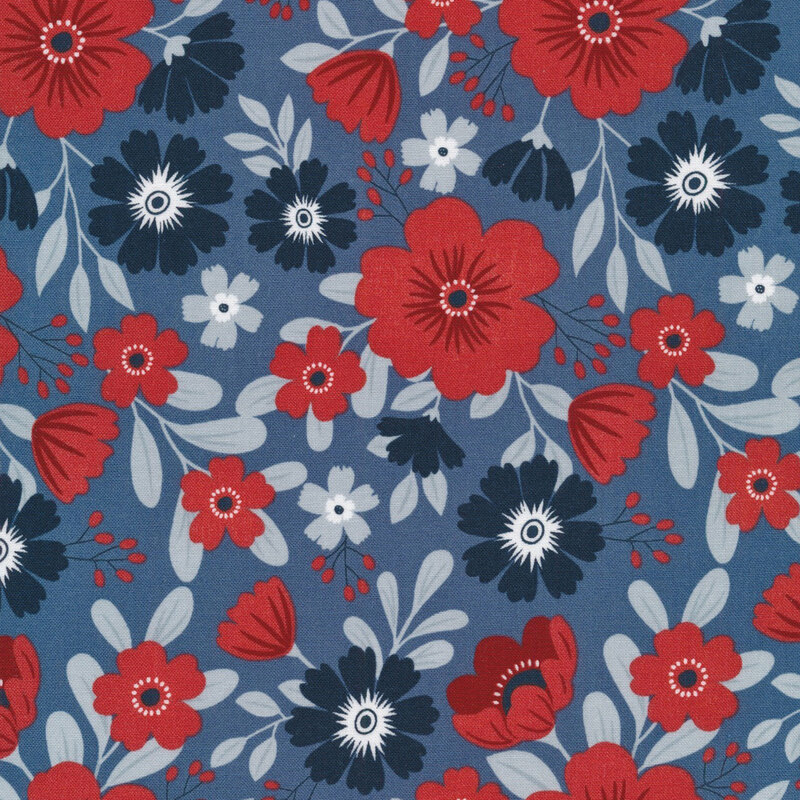 fabric featuring bright red, midnight blue, and gray blue flowers