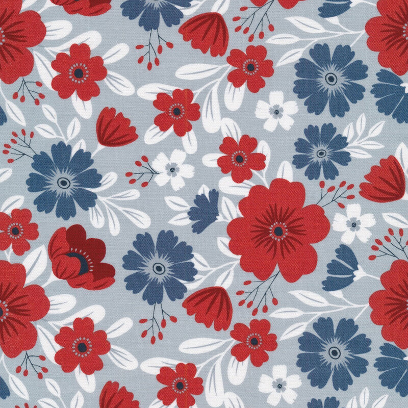 gray blue fabric featuring bright red, midnight blue, and white flowers