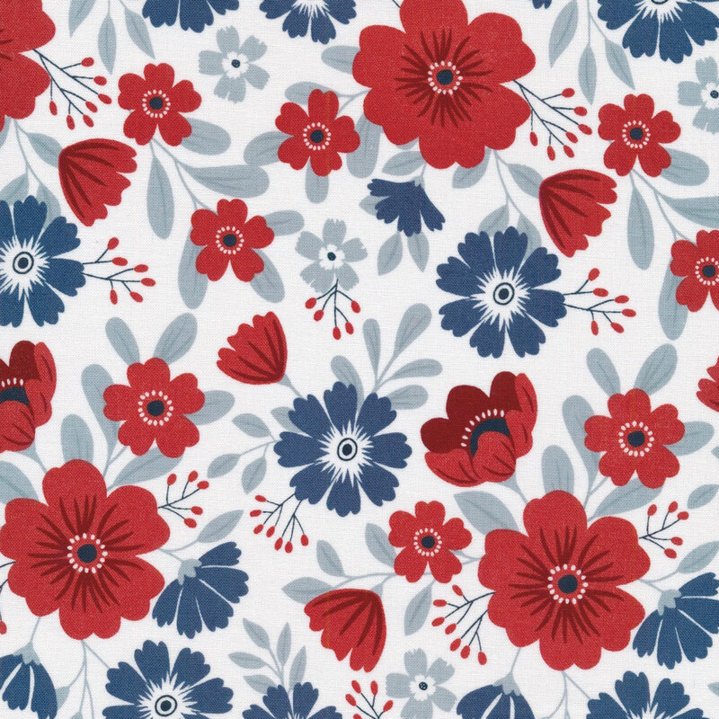 white fabric featuring bright red, midnight blue, and gray blue flowers