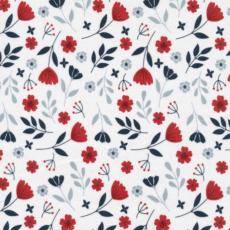 white fabric featuring tossed flowers and sprigs of leaves in midnight blue, bright red, and blue gray