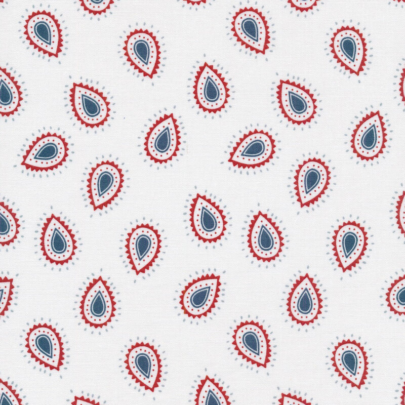 white fabric featuring abstract droplet shapes in midnight blue, bright red, white, and gray blue