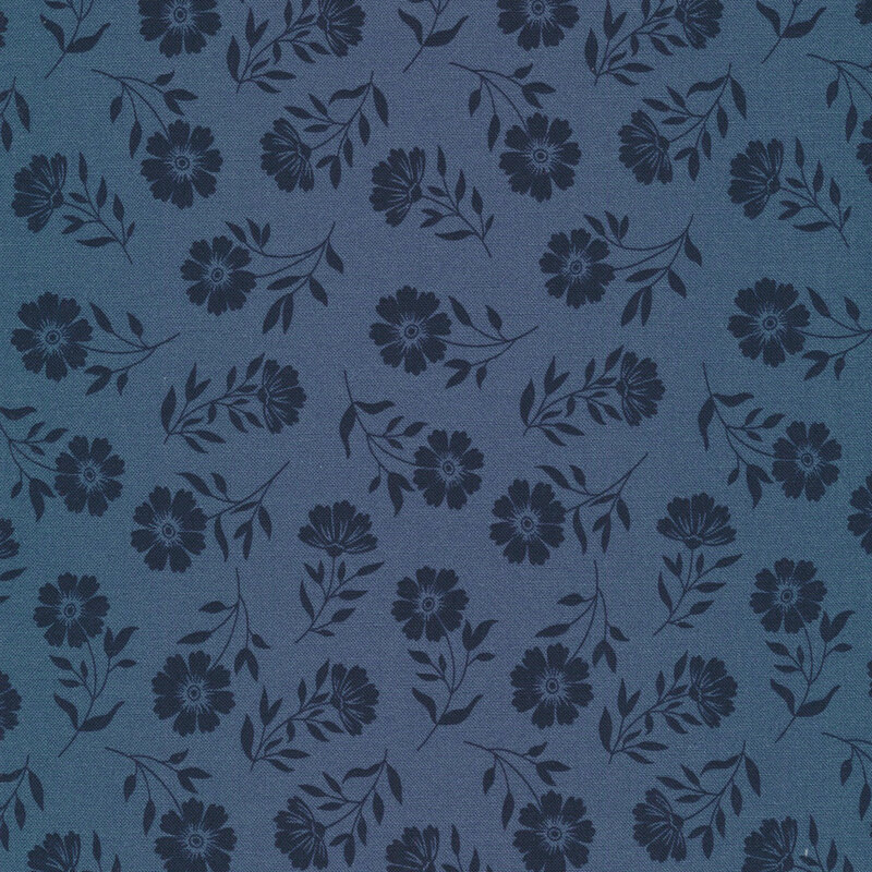 Blue fabric with tossed tonal florals.