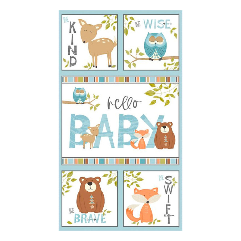This panel features bears, foxes, deer and owls with cute baby phrases in blue on a white background.