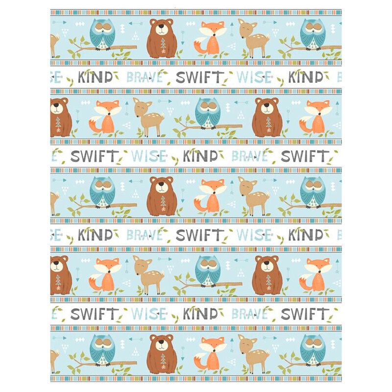 This fabric features a border stripe pattern of owls, deer, foxes and bears with words saying 