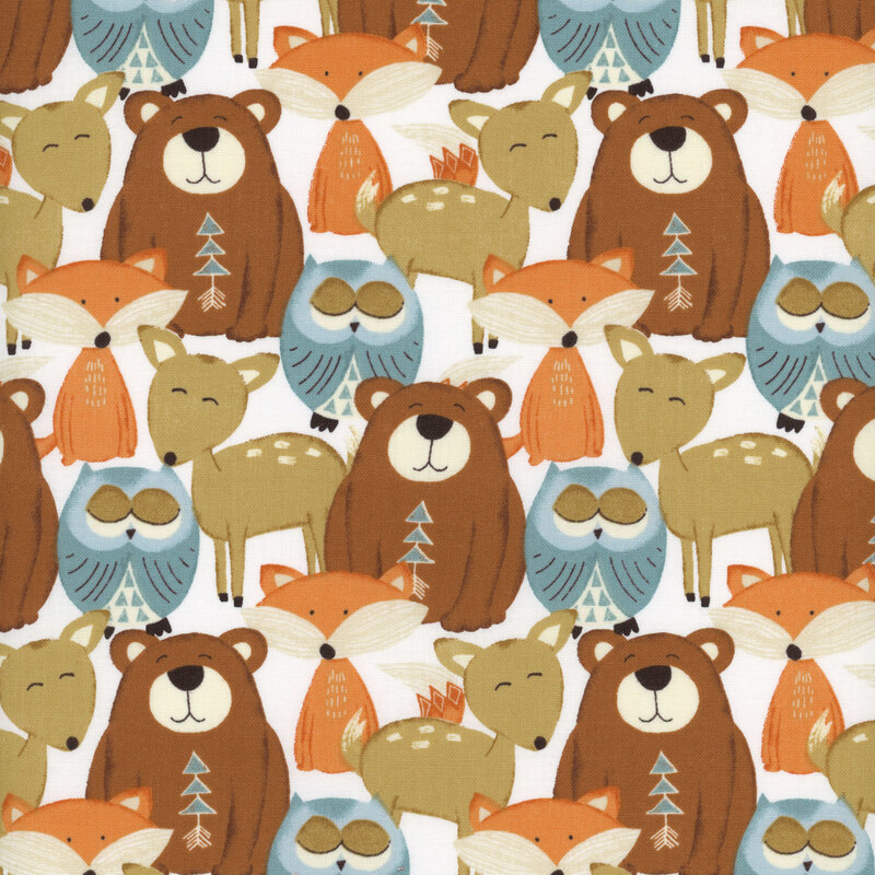 This collection features 17 skus including a panel and border stripe. This fabric features packed animals including bears, deer, and owls.